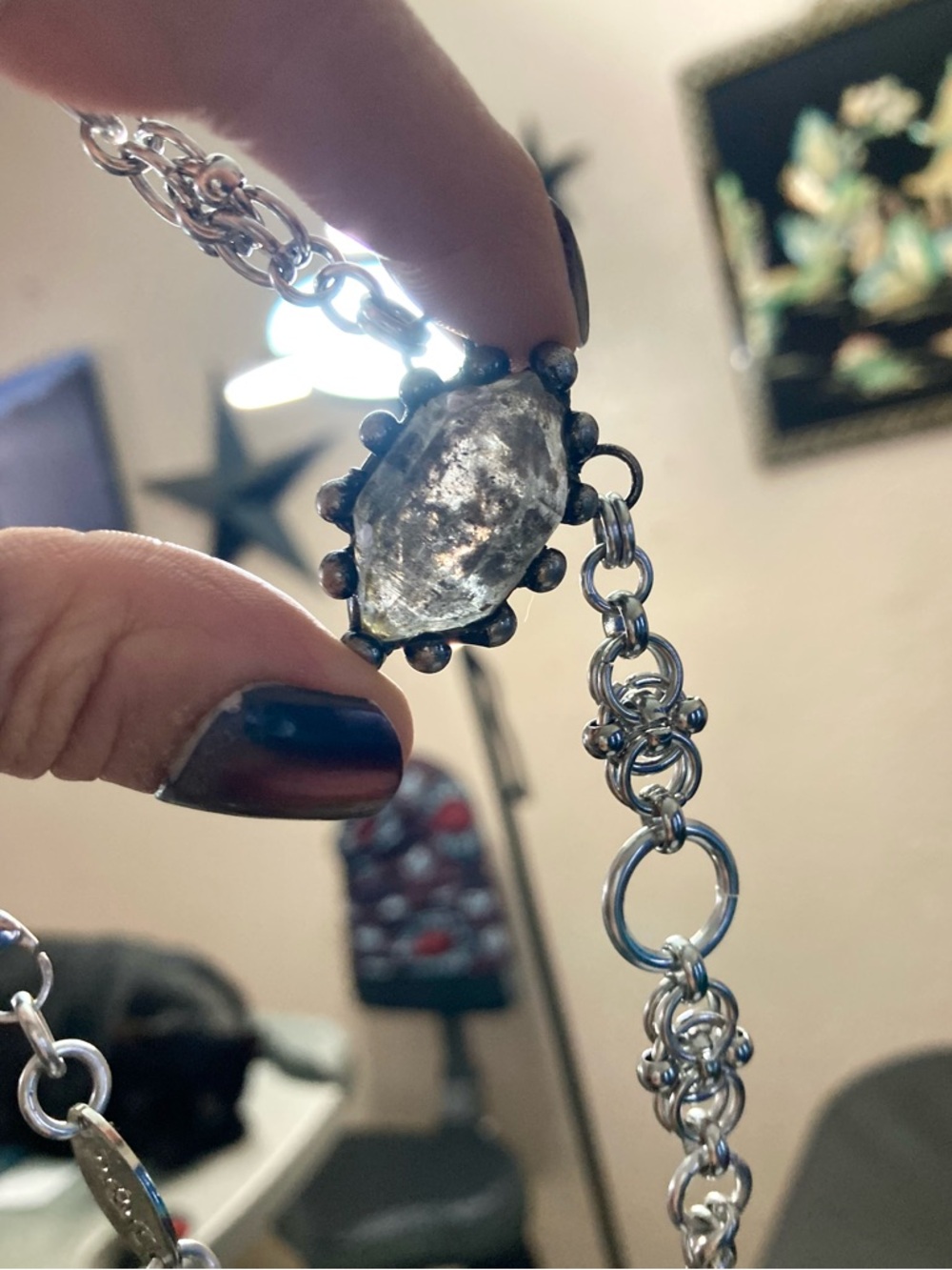 Smoky black herkimer diamond crystal on handmade maille stainless steel chain - Picture 3 of 16